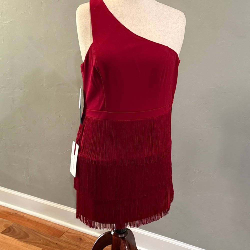 NWT Adrianna Papell One-Shoulder Matador Red Fringe Dress